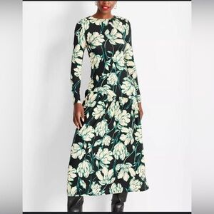 Green and Cream Floral Long Sleeve Dress